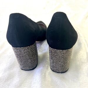 KARL LAGERFELD ADINA Black Suede Rhinestone Block Heels EUC Sz 8.5